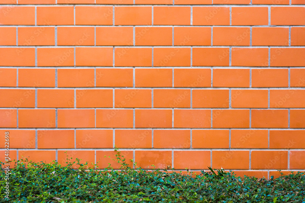 red brick wall background with green leaves