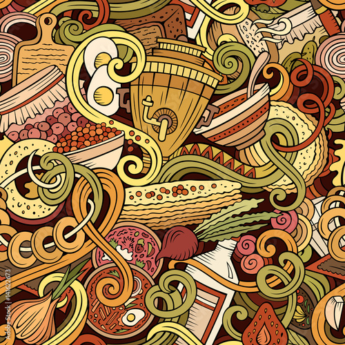 Cartoon doodles Russian food seamless pattern