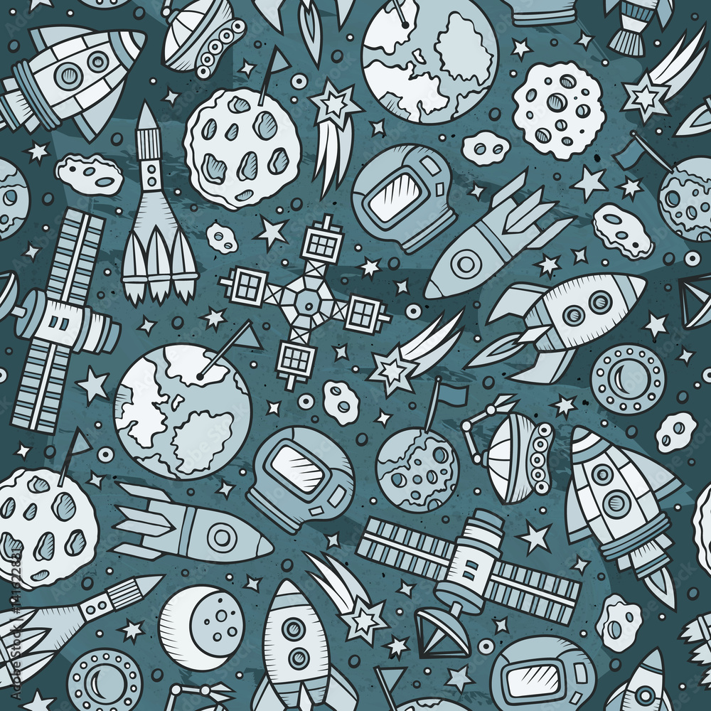 Naklejka premium Cartoon hand-drawn space, planets seamless pattern