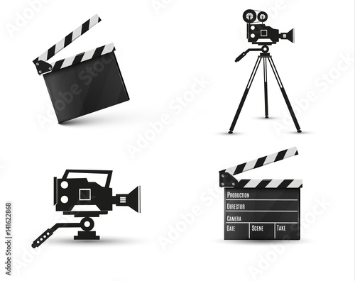 movie camera flat icon.Board on a white background.film.time.vector illustration. Retro Cinema projector.Realistic clapper.Movie.set.