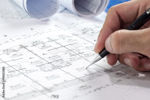 Engineering diagram blueprint paper drafting project sketch architectural,selective focus