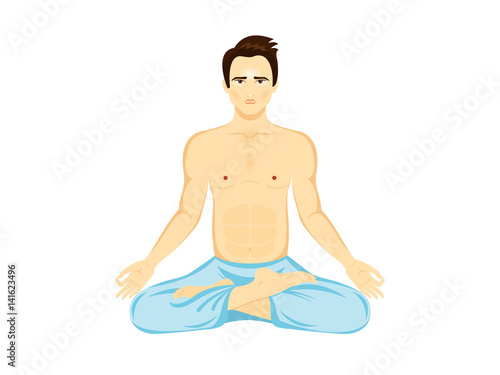 Man meditating vector. Yoga man vector. Man practicing yoga. Sitting young man. Young guy on a white background
