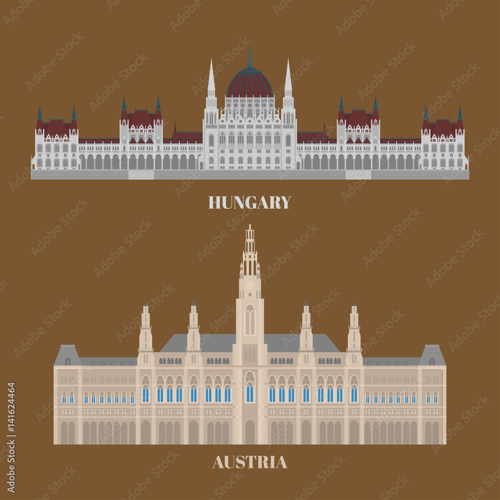 Hungary and Austria travel icons. Country sightseeing symbols, European landmarks. Flat architecture of Budapest and Vienna