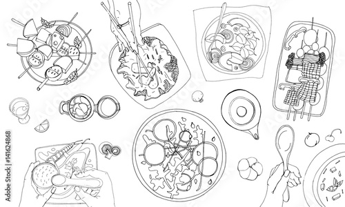 Festive vegetarian tableful, laid table, holidays hand drawn contour illustration, top view