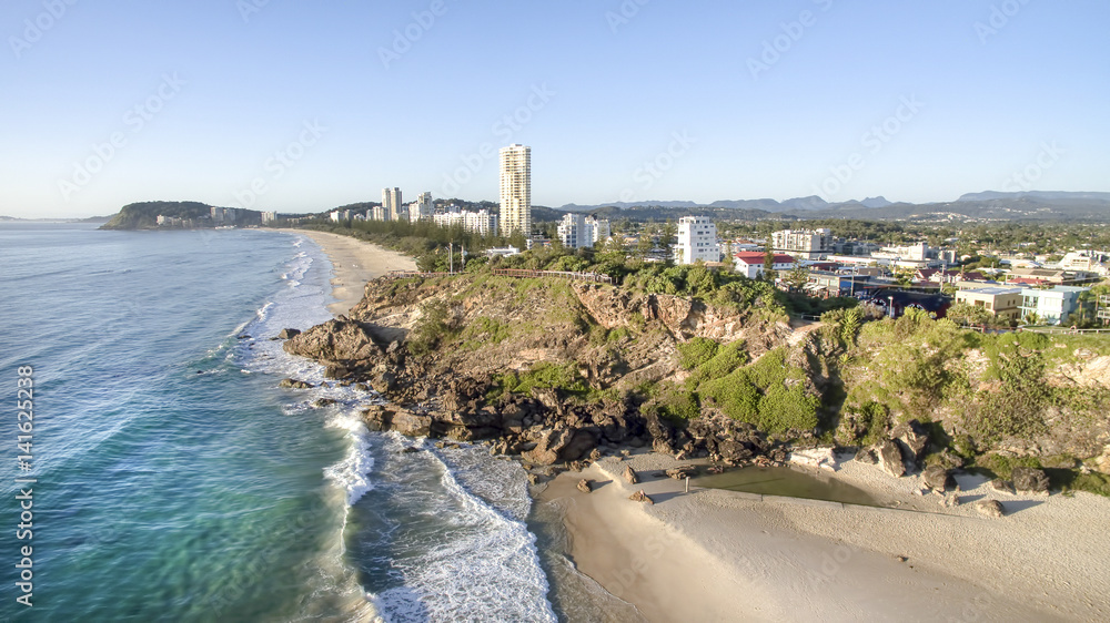 Aerial view of Miami Headland lookout and beach from above.  Gold Coast, Australia