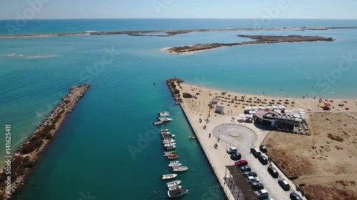 Aerial. View from sky, beach and Ria Formosa in Fuseta.
