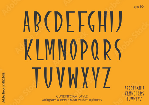 Vector alphabet set. Capital letters in cuneiform style. Black letters on yellow background.