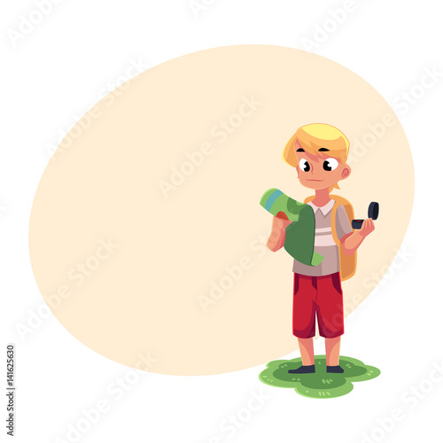 Teenage Caucasian boy with a backpack studying map, holding compass, camping, hiking concept, cartoon vector illustration with place for text. Boy scout, tourist with map and compass