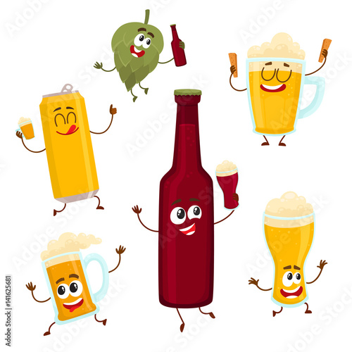 Funny beer bottle, glass, can, mug hop characters with smiling human faces, cartoon vector illustration isolated on white background. Set of funny beer bottle, glass, can, mug characters, mascots