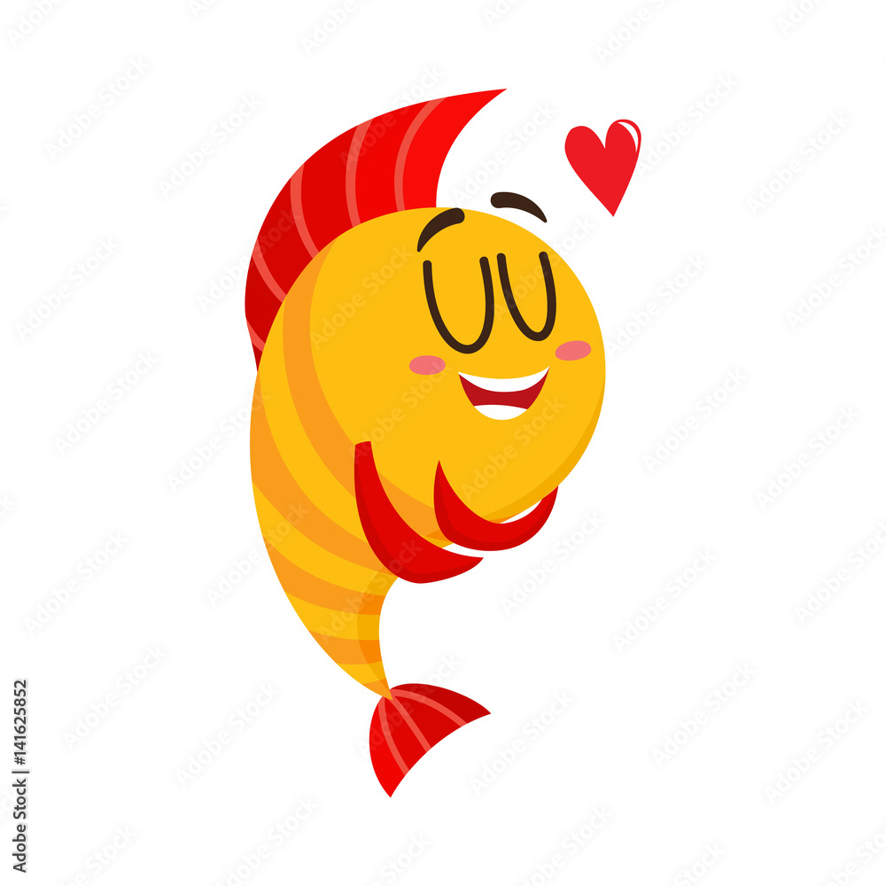 Cute, funny golden, yellow fish character with human face showing love,  cartoon vector illustration isolated on white background. Yellow fish  character, mascot hugging itself, happy from love Stock Vector | Adobe Stock