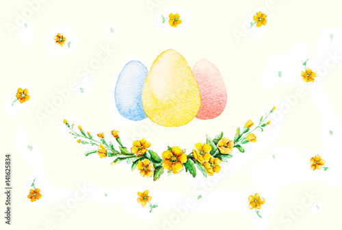 Hand painted. Watercolor painting. Easter pattern. Floral motifs and traditional Easter symbols.