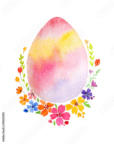 Hand painted. Watercolor painting. Easter pattern. Floral motifs and traditional Easter symbols.