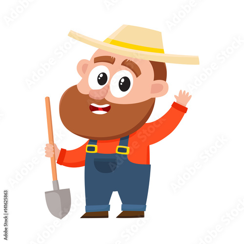Funny farmer, gardener character in straw hat and overalls holding shovel, waving hello, greeting, cartoon vector illustration isolated on white background. Comic farmer character, design elements