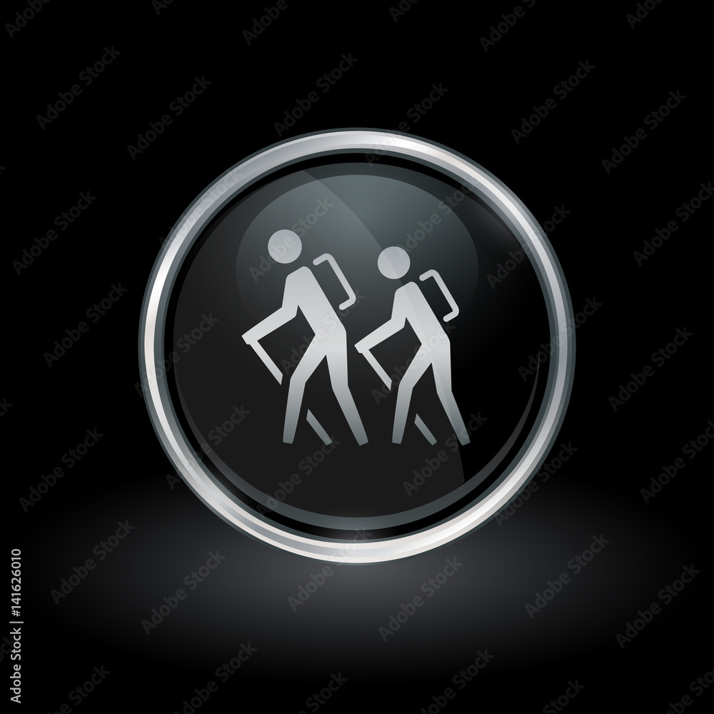 Hiking trail symbol with people hiking icon inside round chrome silver and black button emblem on black background. Vector illustration. Hiking trail symbol with people hiking icon inside round chrome silver and black button emblem on black background. Vector illustration.