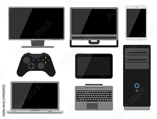 Electronic gadgets icons technology electronics multimedia devices everyday objects control and computer connection digital network vector illustration.