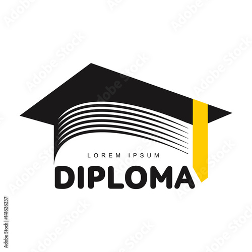 Graphic three colored square academic, graduation cap logo template, vector illustration isolated on white background. Stylized square graphic graduation cap logotype, logo design in three colors