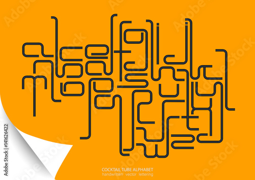 Vector lower case 3d modern alphabet. Images and associations: cocktail tube, pipeline, conduit, labyrinth, corrugating, chip, technology, connection. Black letters on yellow paper.