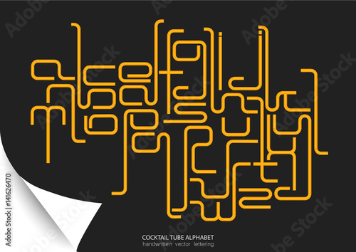 Vector lower case modern alphabet. Images and associations: cocktail tube, pipeline, conduit, labyrinth, corrugating, chip, technology, connection. Yellow letters on black paper.