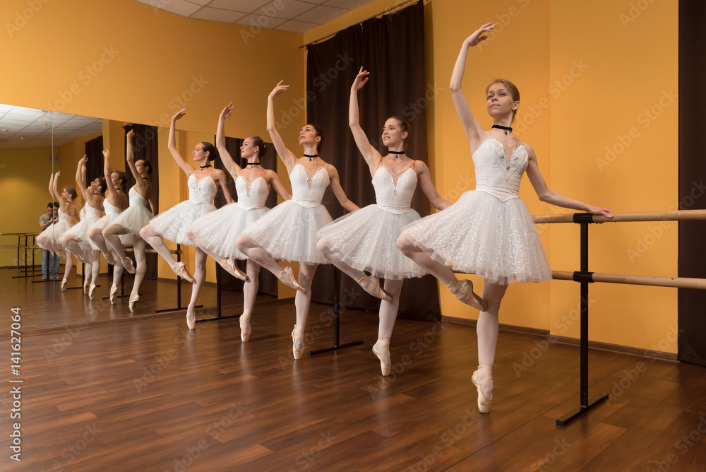 Fototapeta premium Ballerinas in classical tutu and pointe shoes dancing in the class near handrail