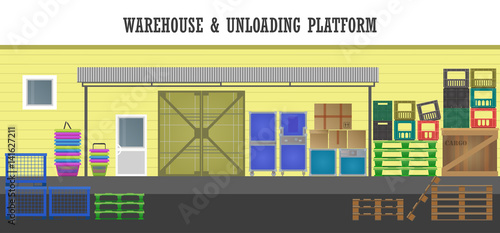Front facade of the store unloading platform. Boxes, plastic containers, pallets, baskets under a canopy. Vector flat  illustration.