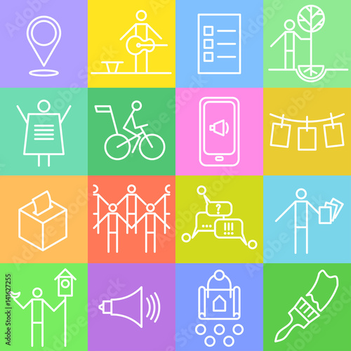 Set of thin line color square icons on the theme of urban initiatives, social movements, agitation and propaganda.
