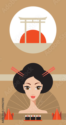 Beautiful Japan Travel banner with Geisha Sushi Origami Torii gate