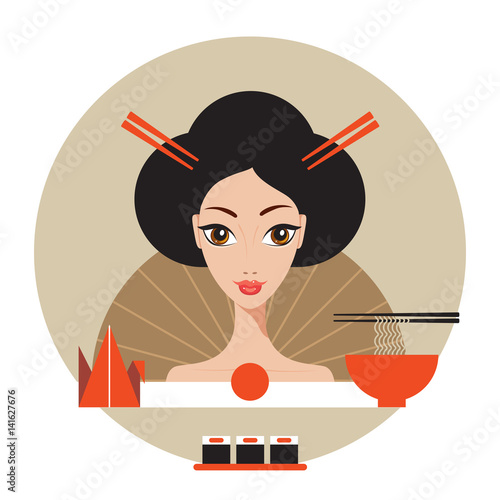 Beautiful Japan Travel banner with Geisha Sushi Origami and Noodles