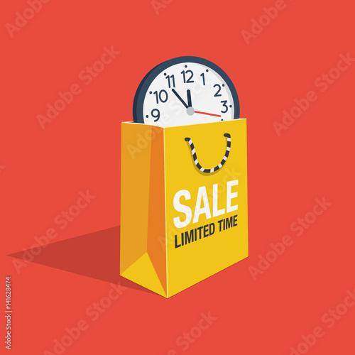 Special offer sale discount symbol with yellow shopping bag and wall watch isolated on red background. Easy to use for your design with transparent shadows.