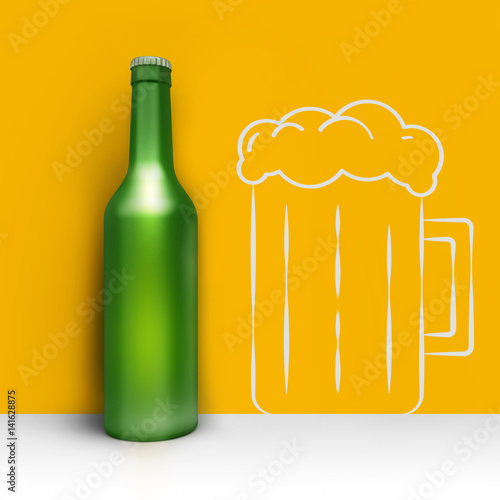 Bottle of beer in corner on wall with hand drawn painted glass. Creative illustration. Front view. 3D render.