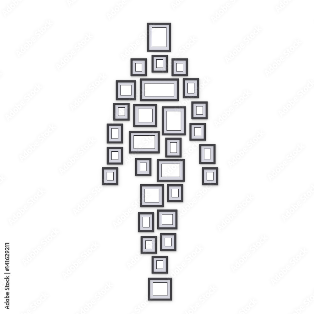 Simple photo frames on wall. Placed in form of silhouette human. Idea for interior design and decor. 3d render. Simple photo frames on wall. Placed in form of silhouette human. Idea for interior design and decor. 3d render.