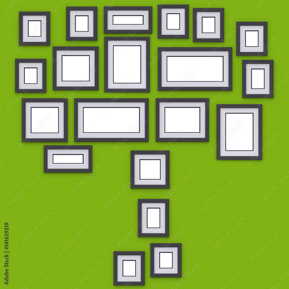 Simple photo frames on wall. Placed in form of silhouette tree. Idea for interior design and decor. 3d render. Simple photo frames on wall. Placed in form of silhouette tree. Idea for interior design and decor. 3d render.