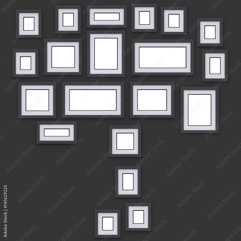Simple photo frames on wall. Placed in form of silhouette tree. Idea for interior design and decor. 3d render. Simple photo frames on wall. Placed in form of silhouette tree. Idea for interior design and decor. 3d render.