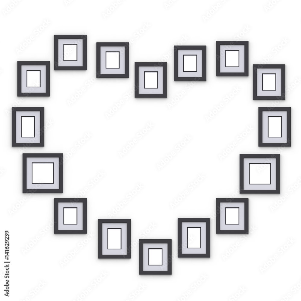 Simple photo frames on wall. Placed in form of silhouette heart. Idea for interior design and decor. 3d render.