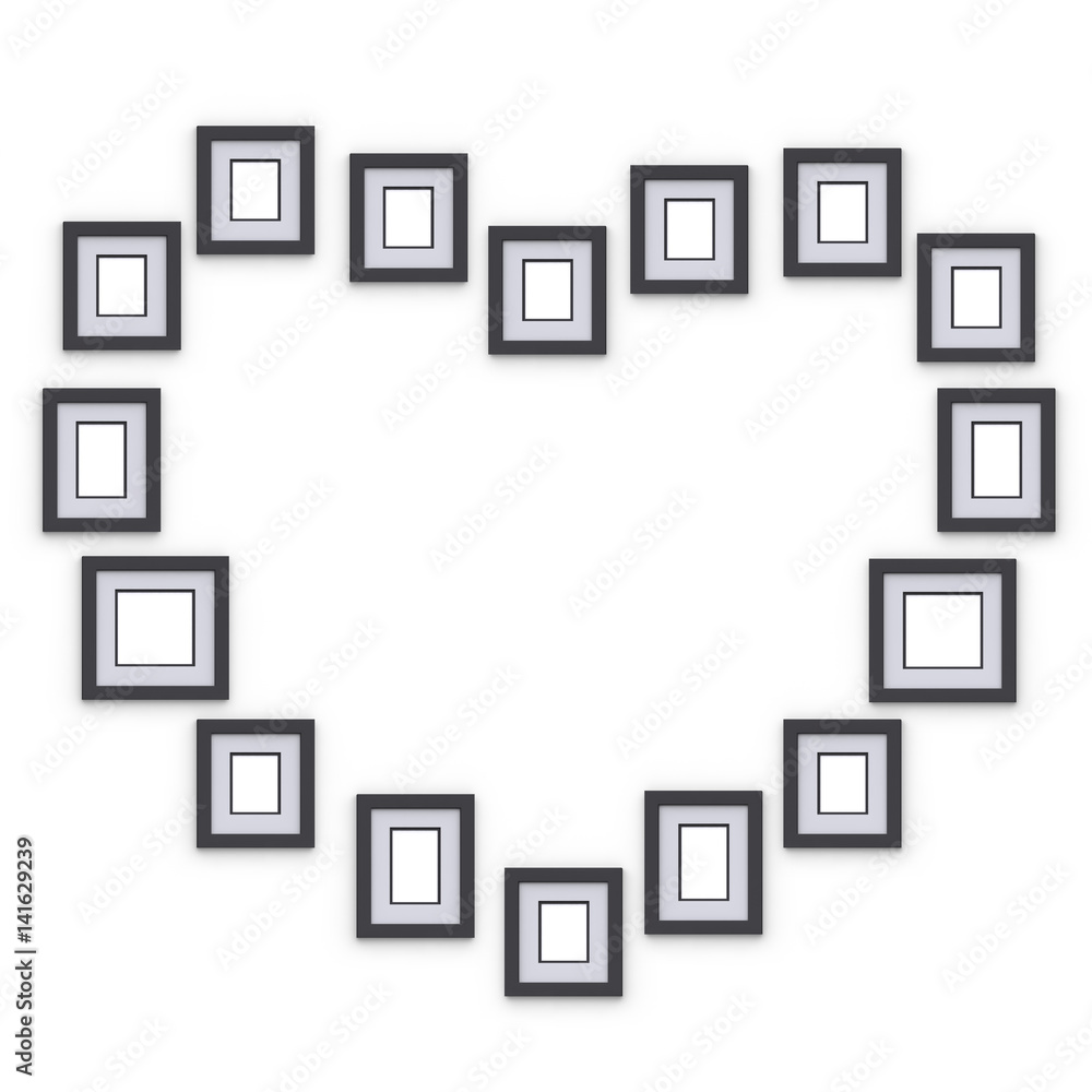 Simple photo frames on wall. Placed in form of silhouette heart. Idea for interior design and decor. 3d render. Simple photo frames on wall. Placed in form of silhouette heart. Idea for interior design and decor. 3d render.