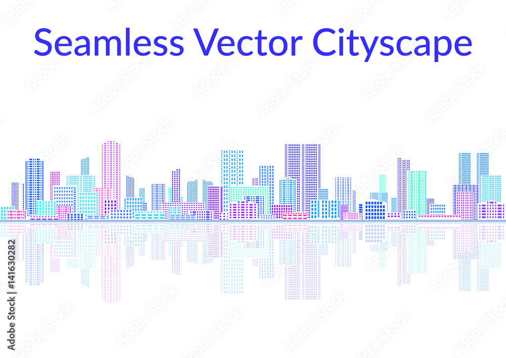 Horizontal Seamless Landscape, Urban Background, Abstract Colorful City on White with Skyscrapers, Reflecting in the Sea. Vector