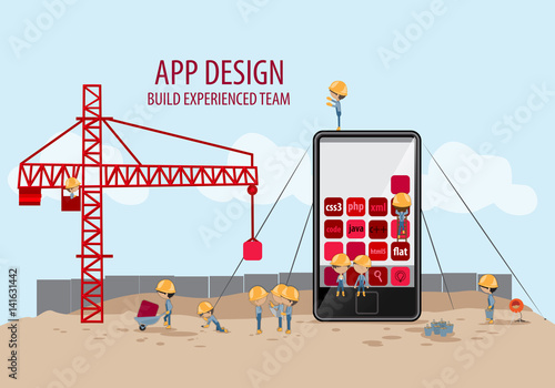 Mobile Application Development,Experienced Team-Vector Illustration,Graphic Design.Crane lifting building blocks.For Web Site,Poster,Presentation Templates,Ui.Creative Collaboration,Teamwork Concept