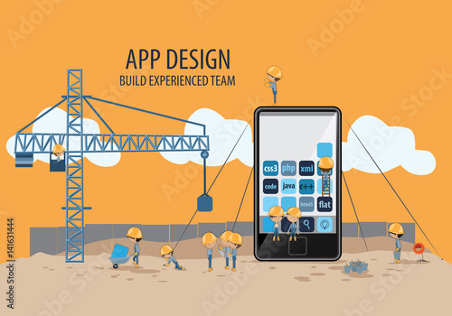 Mobile Application Development,Experienced Team-Vector Illustration,Graphic Design.Crane lifting building blocks.For Web Site,Poster,Presentation Templates,Ui.Creative Collaboration,Teamwork Concept