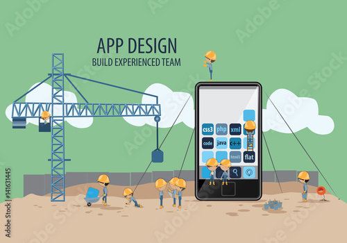 Mobile Application Development,Experienced Team-Vector Illustration,Graphic Design.Crane lifting building blocks.For Web Site,Poster,Presentation Templates,Ui.Creative Collaboration,Teamwork Concept