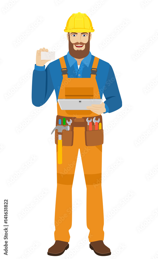 Worker holding digital tablet PC and showing the business card Worker holding digital tablet PC and showing the business card