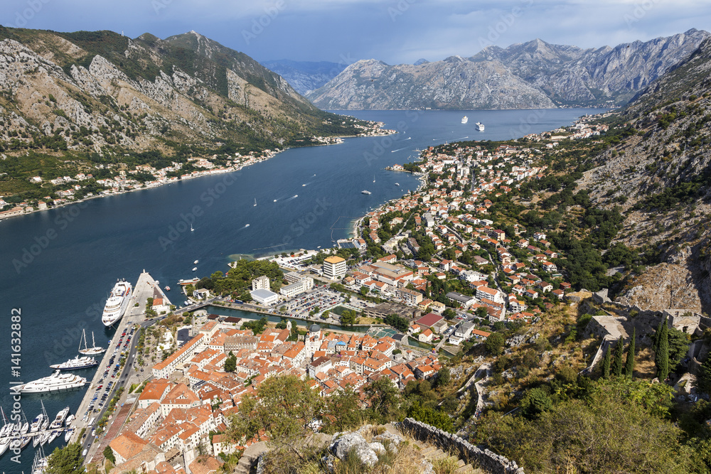 Aerial View of Kotor bay in summer day.