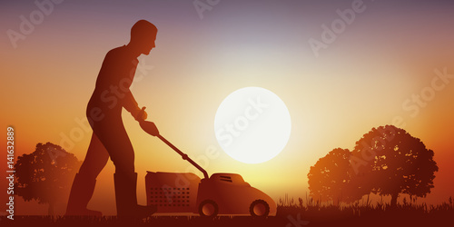 Tondeuse - jardin - gazon - pelouse - jardinage - jardiner - Coucher de soleil