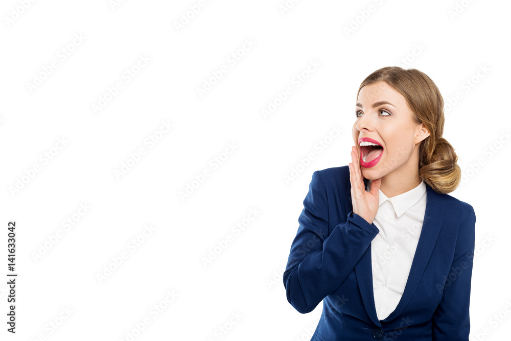 Business woman screaming to the left. Isolated background Business woman screaming to the left. Isolated background