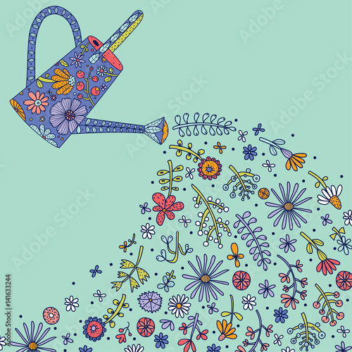 Watering can, flowers . Spring postcard. Vintage.