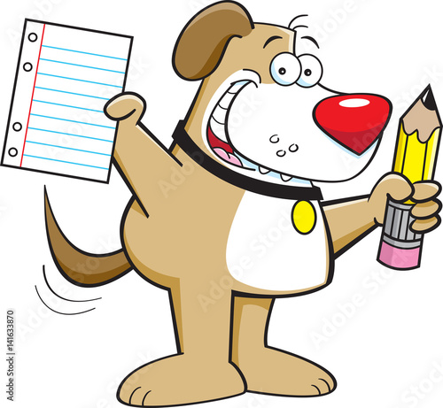 Cartoon illustration of a dog holding a paper and pencil.
