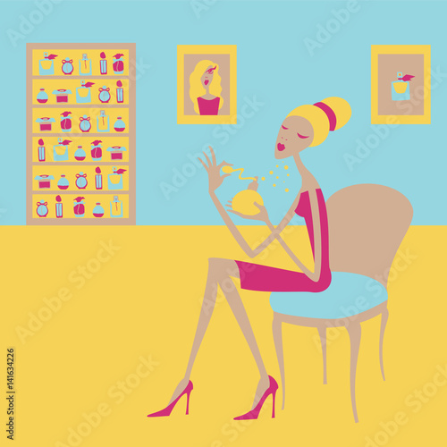 Illustration of young woman sitting on the chair using perfume. Room illustration with woman and perfume. Evening time.