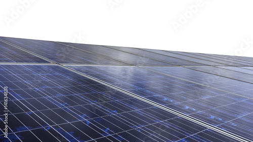 Blue photovoltaic solar panels on rooftop isolated on white background.  With clipping path. 