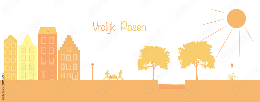 Vrolijk Pasen. Dutch Easter landscape with houses, running people, eggs and a canal. Orange shade. Words : Happy Easter (in Dutch).