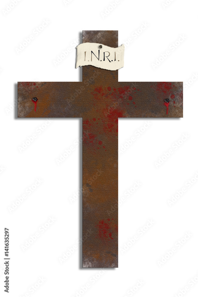 Cross of Jesus Christ, Easter or Good Friday illustration with textured bloody cross with nails, and copy space for text.