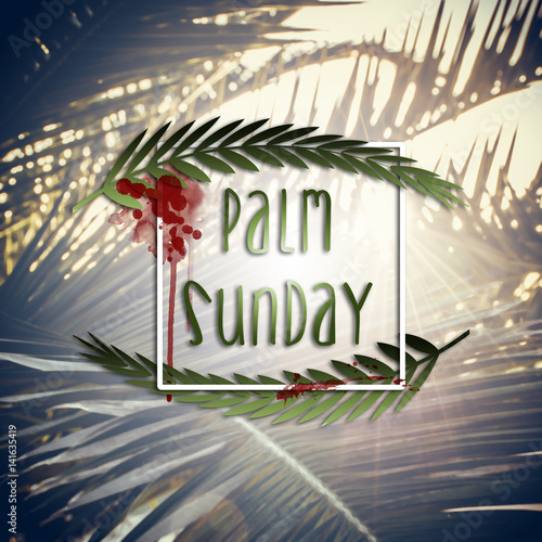 Palm Sunday square retro vintage illustration with palm branches or leaves and blood stains
