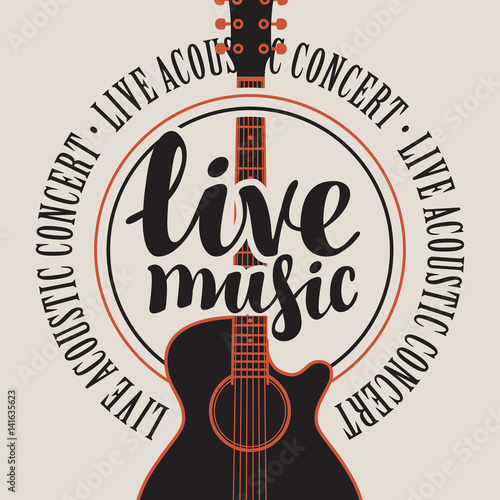 banner with acoustic guitar, inscription live music and the words music festival, written around photo